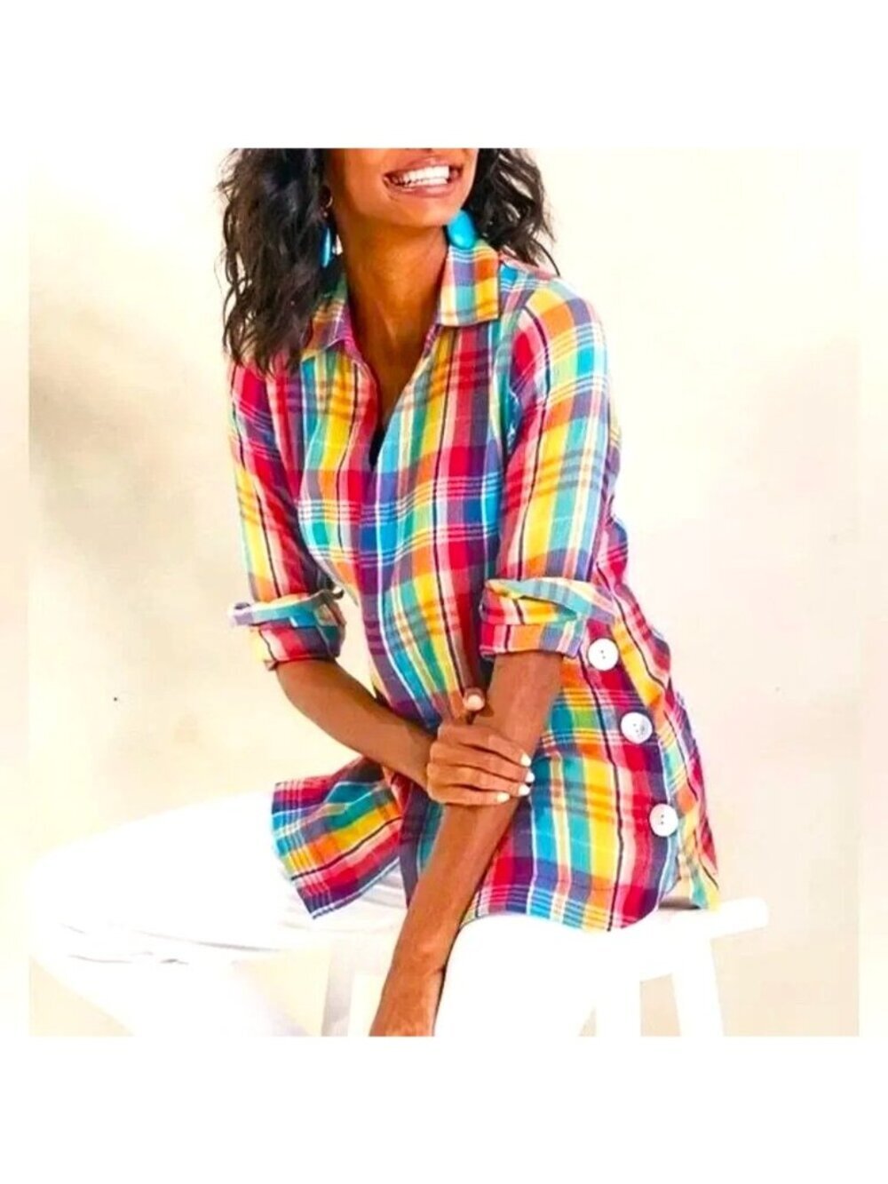 Soft Surroundings Kona Colorful Gauzy Plaid Button Up Long Sleeve Shirt Women L